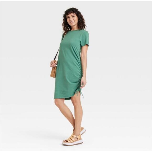 Universal Thread Ruched Side Knee Length T-shirt Dress WMNS XS Green Crew SS - Picture 11 of 12